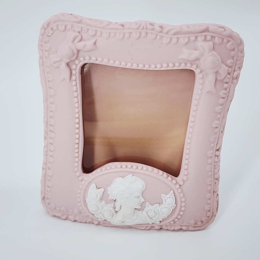 Vintage Pink Chalkware Mini Frame 3D Cameo Lady & Bows Victorian Shabby Chic 4.5
